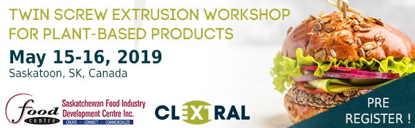 food_centre's tweet photo. Pre-registration is open for a one-of-a-kind extrusion workshop focused on the diversity and innovation of plant-based applications from meat analogues to snacks! New market opportunities for @SKAgriculture May 15&amp;16, 2019 @ClextralTweets https://t.co/IfIQfBf8Aj https://t.co/17iNYczykd
