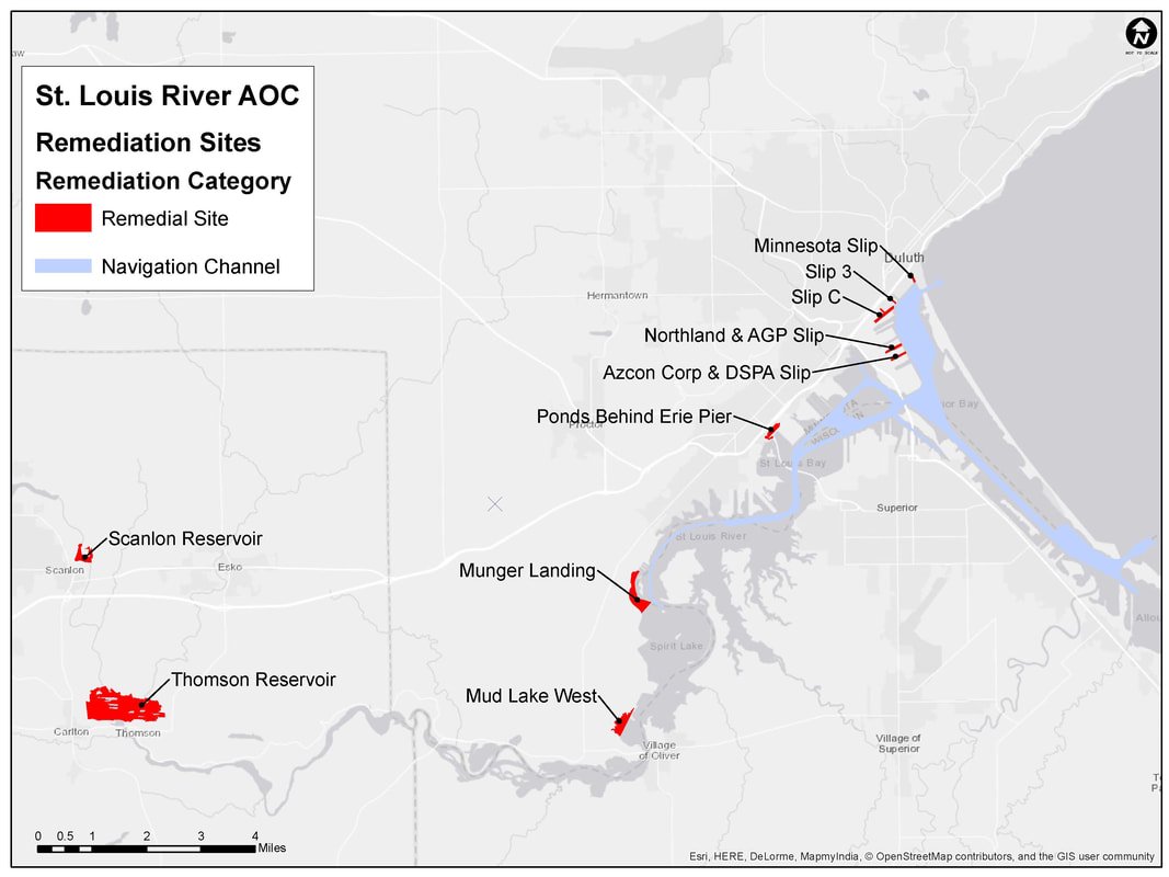Gr8LakesLady's tweet photo. The St. Louis River is the largest tributary of @LakeSuperior and runs along the MN-WI border. Multiple contaminated sediment “red” sites remain that need cleanup. Recently cleaned-up Slips 3 & C (as well as MN Slip) are in the harbor - top right on map. #SedimentSam #GLRI https://t.co/duN83Lk6cQ
