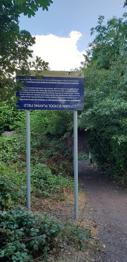 TomMcKB's tweet photo. Shocking images from Stoke Lodge where some have resorted to vandalism of signs erected by @CothamSchool. I fully support Cotham's intention to erect a fence on the playing fields - safety and security of students is of the utmost importance. https://t.co/1OTMR2Tk5W