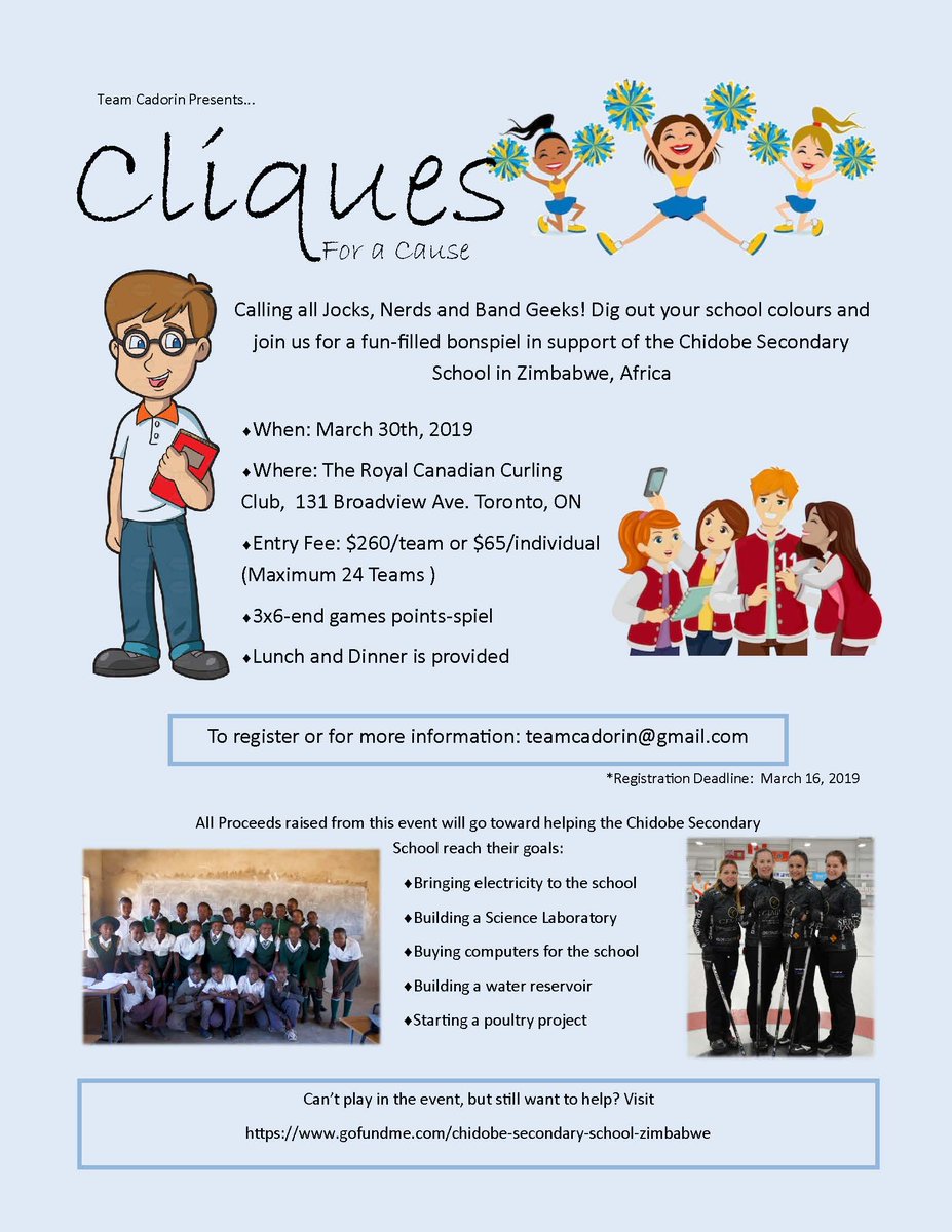 'Tis the season of giving and helping others! Don't forget to sign up for our Open Charity Bonspiel in support of the Chidobe Secondary School in Zimbabwe, Africa. 

Can't play? Donate here: gofundme.com/chidobe-second…
