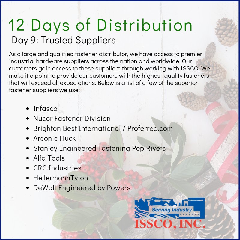 issco_inc's tweet photo. Day 9 of #12DaysofDistribution: trusted suppliers!
#Infasco @NucorFastener @BrightonBest @ProferredRivets @arconic @stanleytools #PopRivets @AlfaTools77 @CRCAuto @HellermannTyton #DeWaltEngineeredbyPowers
Learn more: https://t.co/ffqcITgKYf https://t.co/B78dYJNQwb