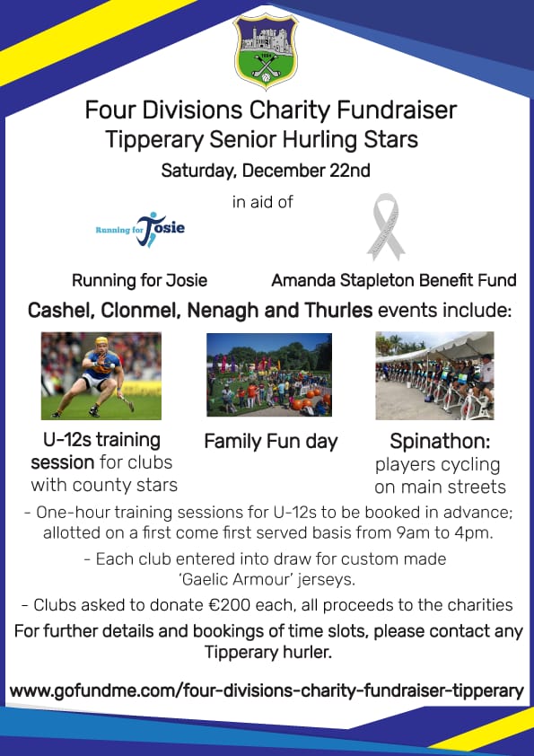 TipperaryGAA's tweet photo. Four Division Fundraiser Venues Announced https://t.co/tOAp59RFbr in aid of @AmandaFund and @runningforjosie To Donate, visit https://t.co/WCeQVWUW0P @MidTipp @NorthTippGAA @Westtippgaa @gaa_south @TippFMSport @TipperaryLive @NenaghGuardian https://t.co/iQMq2hTNed