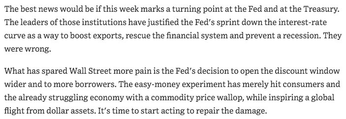 June 2008  https://www.wsj.com/articles/SB121262433590346895"The Fed's dollar indifference has sent an inflation shock through those dollar-linked economies...The result has been the largest decline in America's global economic influence since the 1970s."