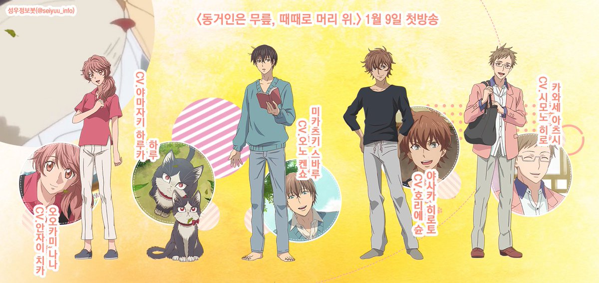 <동거인은 무릎, 때때로 머리 위.> 1월 9일 첫방송 미카츠키 스바루:오노 켄쇼 하루:야마자키 하루카 야사카 히로토:호리에 슌 카와세 아츠시:시모노...