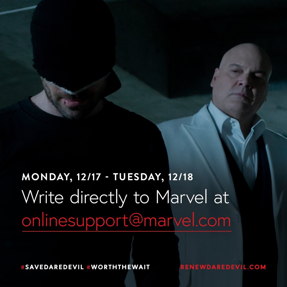 SavedDaredevil's tweet photo. Didn't have time to write to @Marvel yesterday? No worries, we're still going strong today! Let them know why we believe THIS show, THIS cast, and THIS creative team are #WorthTheWait. #SaveDaredevil https://t.co/XDNHonQFla