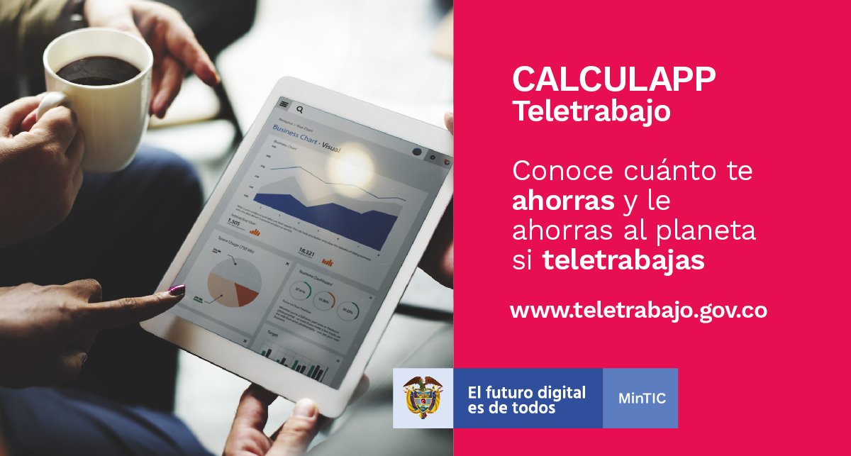 TeletrabajoCo's tweet photo. #Calculapp Teletrabajadores es una aplicación en la que puedes obtener un diagnóstico del impacto ambiental y de calidad de vida que tienen los teletrabajadores por los desplazamientos desde y hacia el trabajo. Calcula el tuyo aquí: https://t.co/YipZDUNN3L https://t.co/D6sCk1BHLT