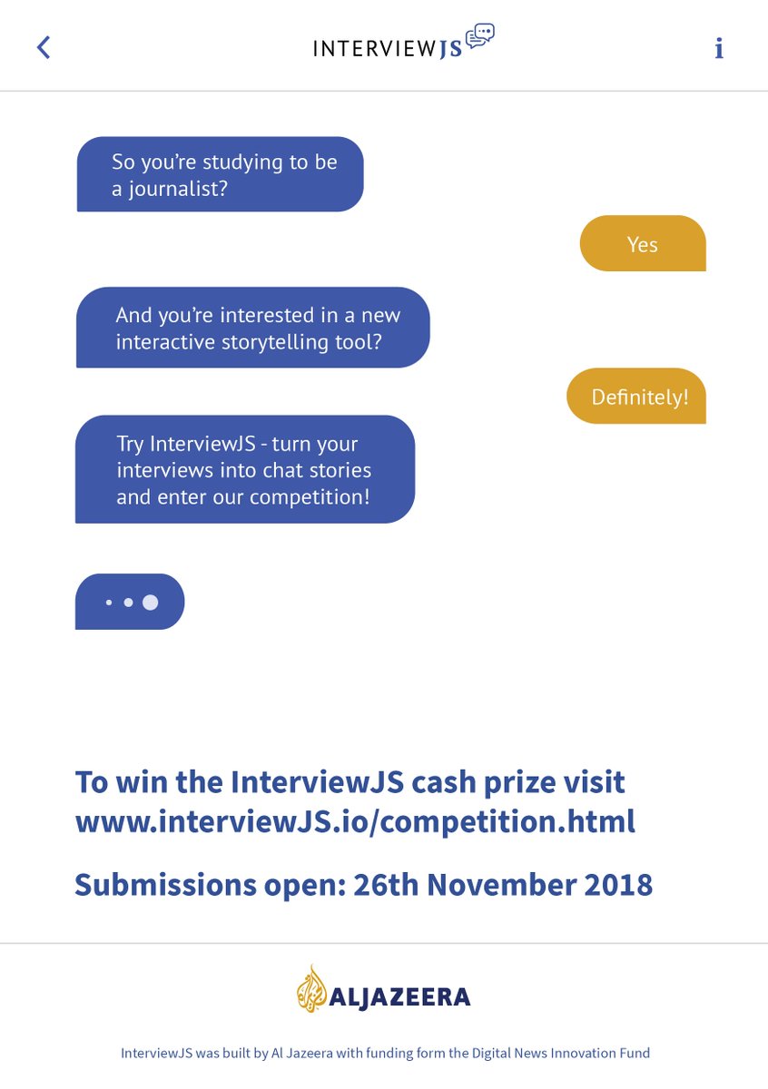 interview_js's tweet image. Our competition for journalism students is live and submissions end soon! Become a beta tester for a chance to win a cash prize and have your story published by Al Jazeera English. Check out the details here:  interviewjs.io/competition.ht…