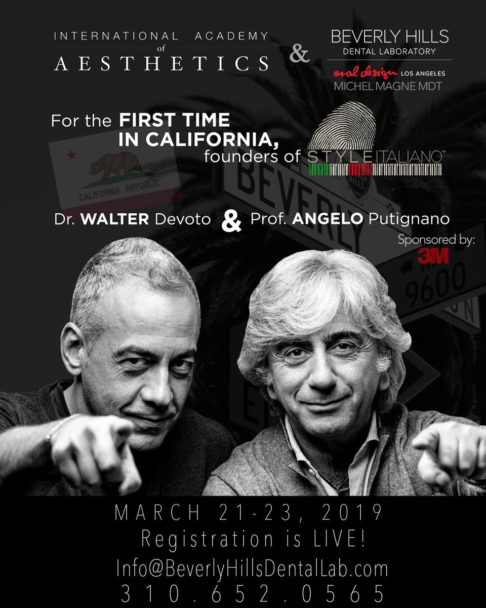 BHDentalLab's tweet photo. The Founders of @styleitaliano are coming to Beverly Hills on March 21-23, 2019. We are thrilled to welcome Dr. Devoto and Professor Putignano to our facility to teach in the USA for the first time.
@iaaesthetics @3MOralCare 
Register Today:
https://t.co/fC1CzEqL5V …

#dentistry https://t.co/akznjFHbdQ