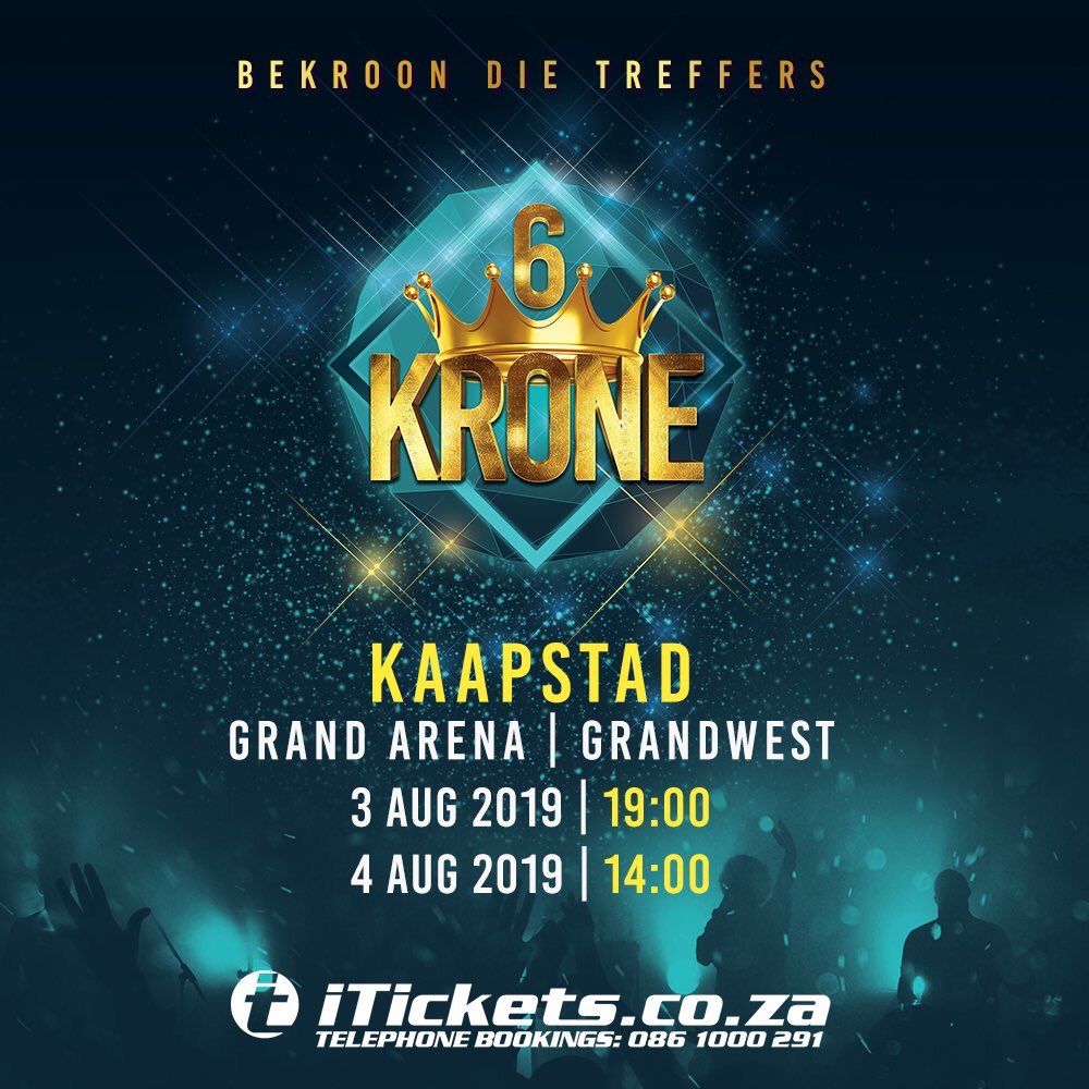 Het jy geweet #Krone6 se kaartjies het geopen? As jy wil deel wees van hierdie moewiese saamsing jol moet jy spring, die eerste vertonings is, 3 en 4 Aug 2019 by @GrandWestSA.

Kry jou kaartjies vandag nog aanlyn by <a href="/iTicketsSA/">iTickets.co.za</a> 

<a href="/timesquareza/">Time Square</a> <a href="/SelectMusiek/">Select Musiek</a>