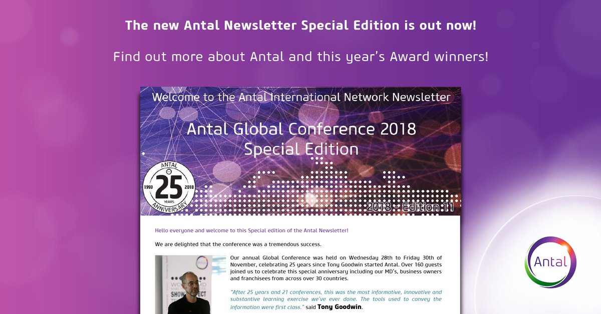 AntalNetwork's tweet photo. The AGC 2018 Special Edition of our Network Newsletter is now live on the Antal Franchising website! See the full list of award winners and nominees as well as comments from those who attended here: https://t.co/soEu2tlNOQ
#AntalNetwork #Franchising #Newsletter #AGC2018 https://t.co/A8agYrULrb