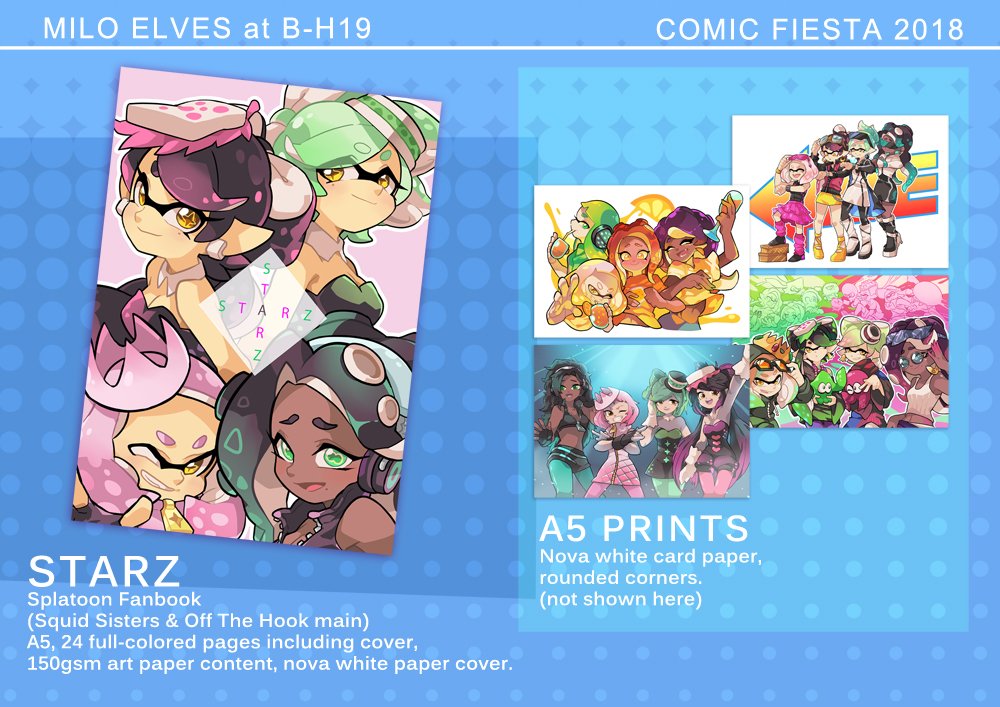 It's that time of the year again and Milo Elves will be attending #comicfiesta2018 this weekend! I will be having some Splatoon goods, mainly a fanbook and some prints. Do drop by if you're interested! :) (Second and third pic are samples of the book content) #comicfiesta 