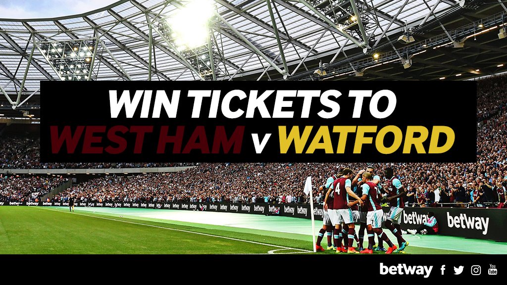 betway's tweet photo. We have tickets to give away for @WestHamUtd v Watford on Saturday! 🎫

Simply RT and follow us for a chance to win. We'll announce the winners shortly after 12pm tomorrow. ⚒️ https://t.co/s7amdqzhN3