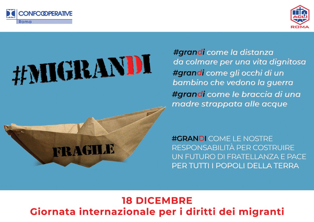 Oggi è la Giornata internazionale per i diritti dei migranti.Per l’occasione abbiamo promosso, con <a href="/ACLI_Roma/">ACLI di Roma aps</a>, la campagna MigranDi, per lanciare un messaggio di solidarietà a chi è in fuga da disagi e difficoltà, alla ricerca di serenità e dignità #insieme #migranti #solidarietà