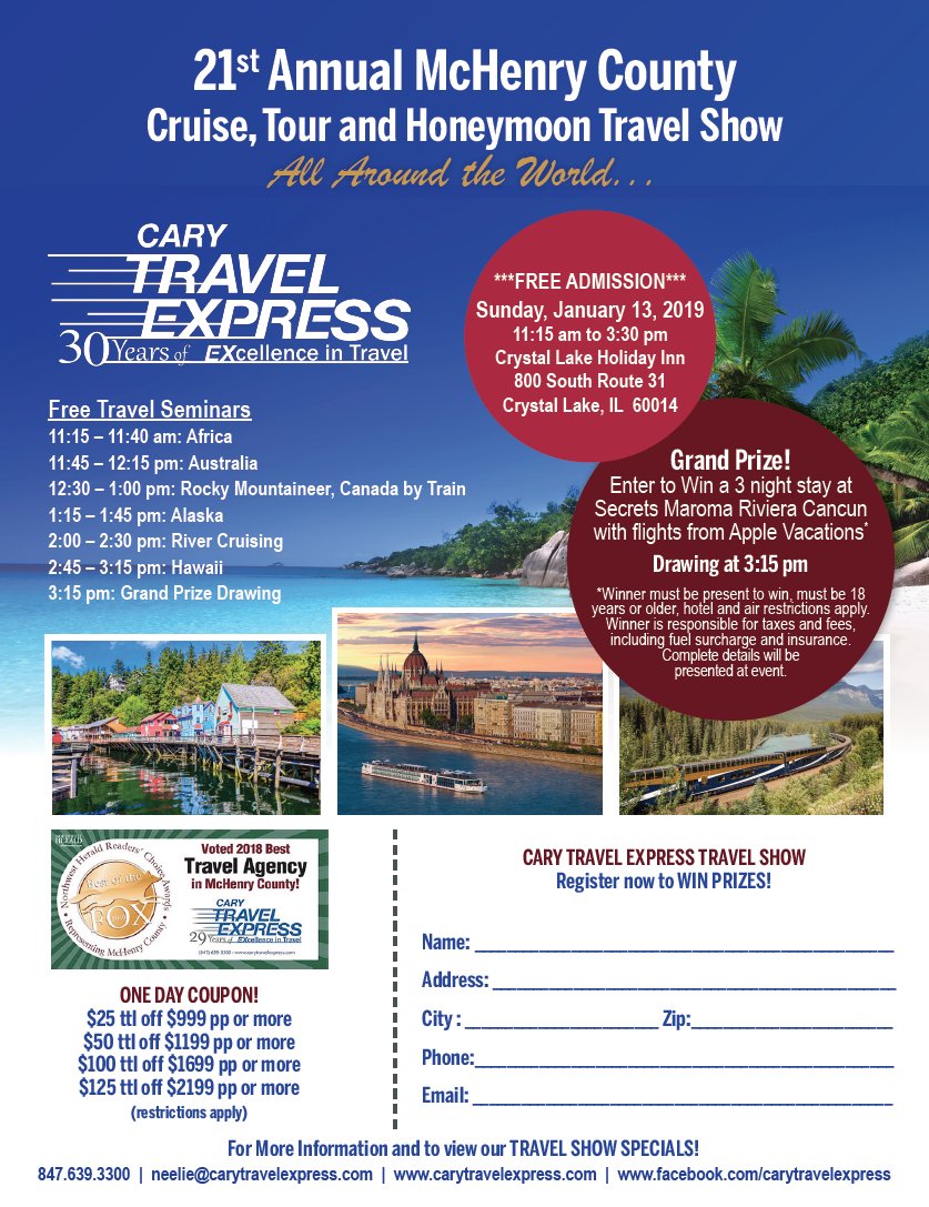 CaryTravelExp's tweet photo. Please Join Us January 13th, 2019 for our 21st Travel Show! https://t.co/b4FUxejRcJ