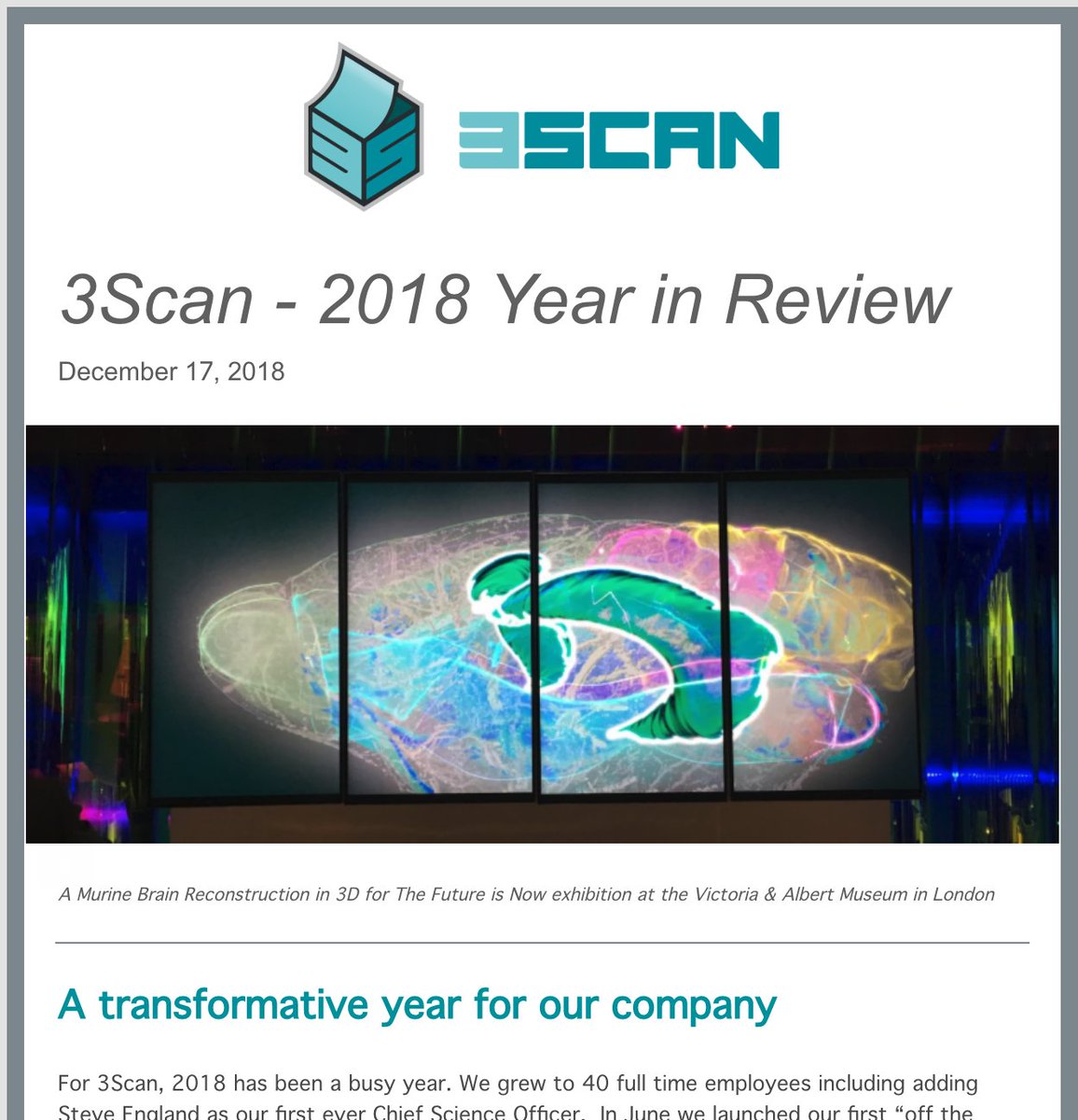 3ScanTweets's tweet photo. Thanks to our customers, collaborators and employees for helping us better realize our mission of transforming #medical #discovery through #tissue #digitization in #3D. See highlights of the people, places and products that made it all possible in 2018. https://t.co/B8laU6ak8n https://t.co/HQjOVvEB5c