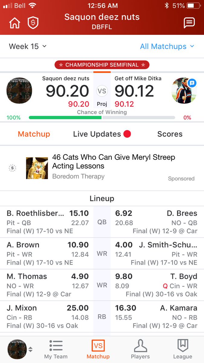 zwhite316's tweet photo. @MatthewBerryTMR @Michael_Fabiano @TheFFBallers won my semis because drew Bree’s took a knee 1 yard behind the line on the last play https://t.co/ikS10Qosfl