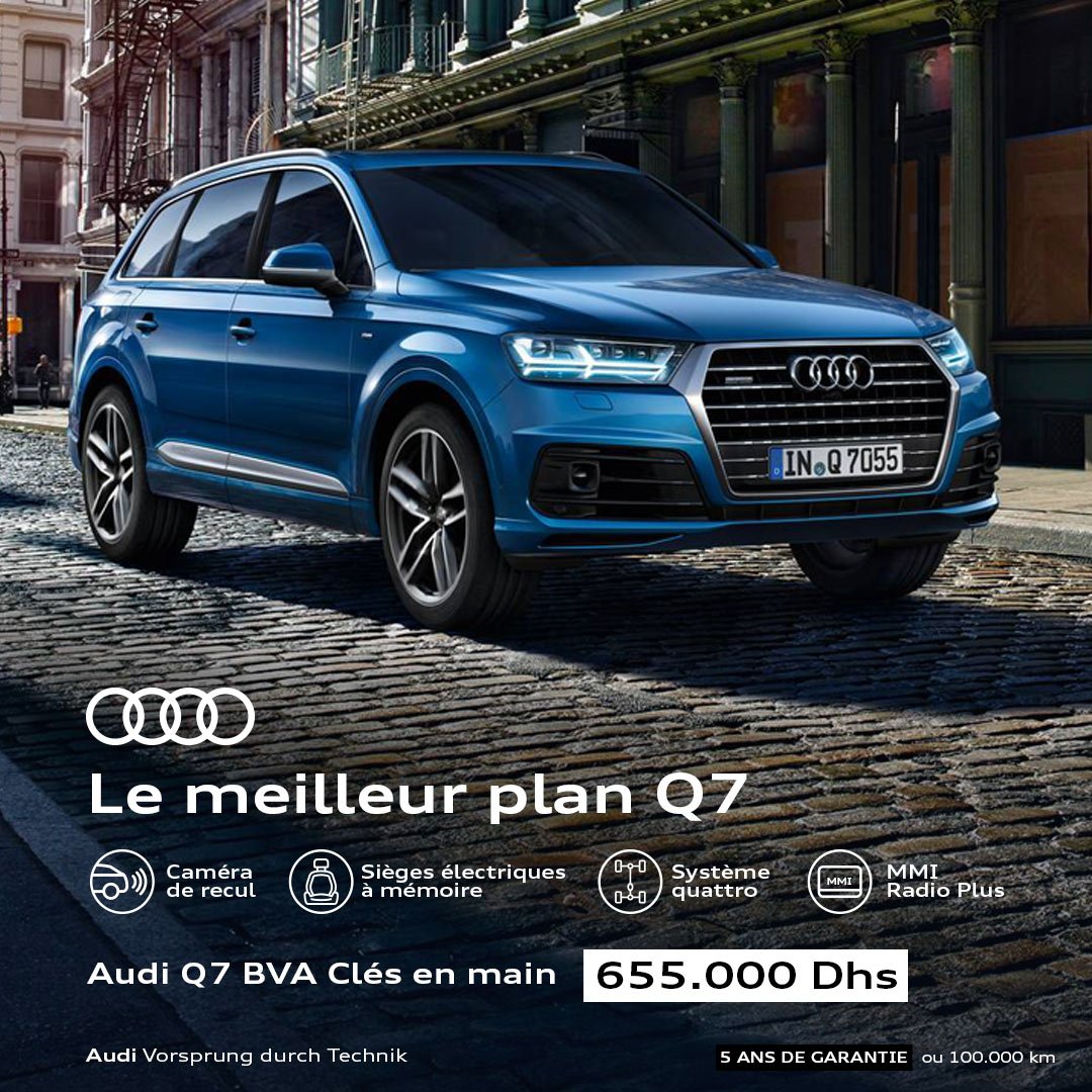 AudiMaroc's tweet photo. Légère, technologique, affirmée... l' #Audi Q7 ! Un concentré d'innovations technologiques qui redéfinit les standards du #SUVpremium .

Le meilleur plan Q7 à partir de 655.000 Dhs clés en main ! https://t.co/O3dz0K2yjX