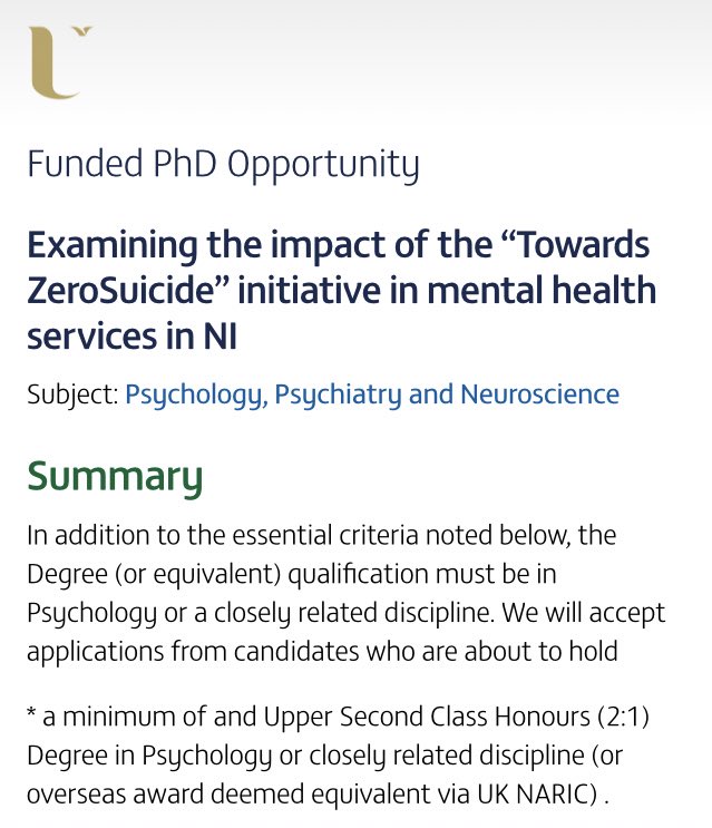 Fully funded #PhD studentship available working with me & others on #ZeroSuicide #SuicidePreventionin Northern Ireland. Contact me for more details! ulster.ac.uk/doctoralcolleg…