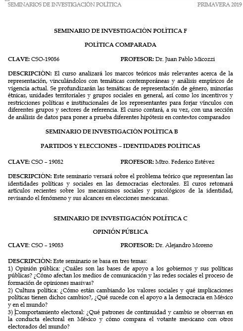 Seminarios de Investigación Primavera 2019 Política Comparada, Identidades políticas, Opinión Pública.