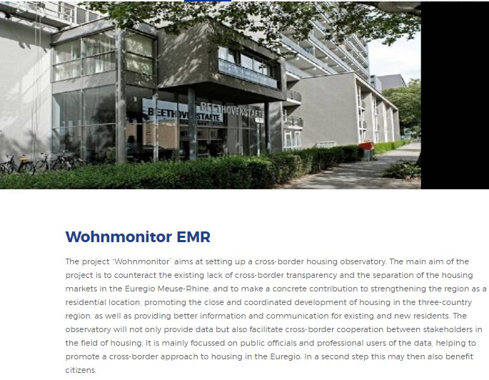 InterregEMR's tweet photo. Discover our 4th call projects: how to foster a common #crossborder #housing market in the #euregio #EMR? The #InterregEMR project #Wohnmonitor under the lead of Region Aachen will work on a housing #observatory
@SR_Aachen_News @ProvincedeLiege @limburg @LimburgBe @Interreg_eu https://t.co/3HY8EKDWg5