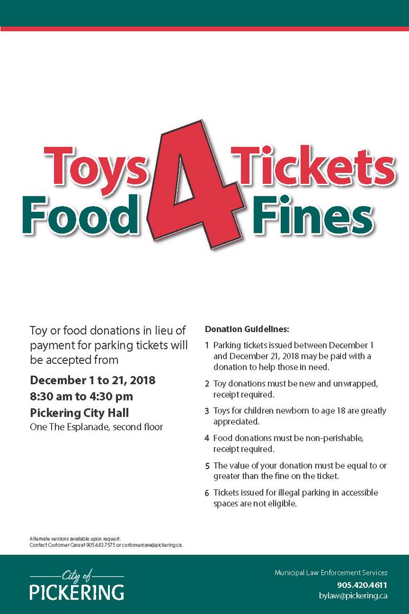 CityofPickering's tweet photo. We are accepting toy or food donations in lieu of payment for parking tickets at City Hall until December 21! #Toys4Tickets #Food4Fines https://t.co/HVUIYxDvut