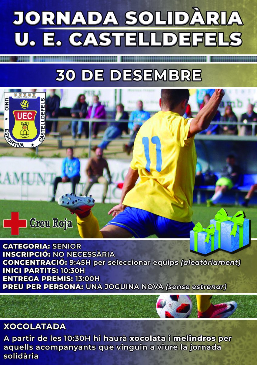 #Entitat | ⚽️🔶

📣 Us recordem que el 30 de desembre tenim el MATÍ SOLIDARI <a href="/uecastelldefels/">UE Castelldefels</a> 2018, amb partidets de categoria Sènior (únic requisit: portar una joguina nova) des de les 09:45h i XOCOLATADA.

🎁 Col.labora amb la teva joguina per a la campanya de <a href="/CruzRojaCGB/">CreuRojaCGB</a>!