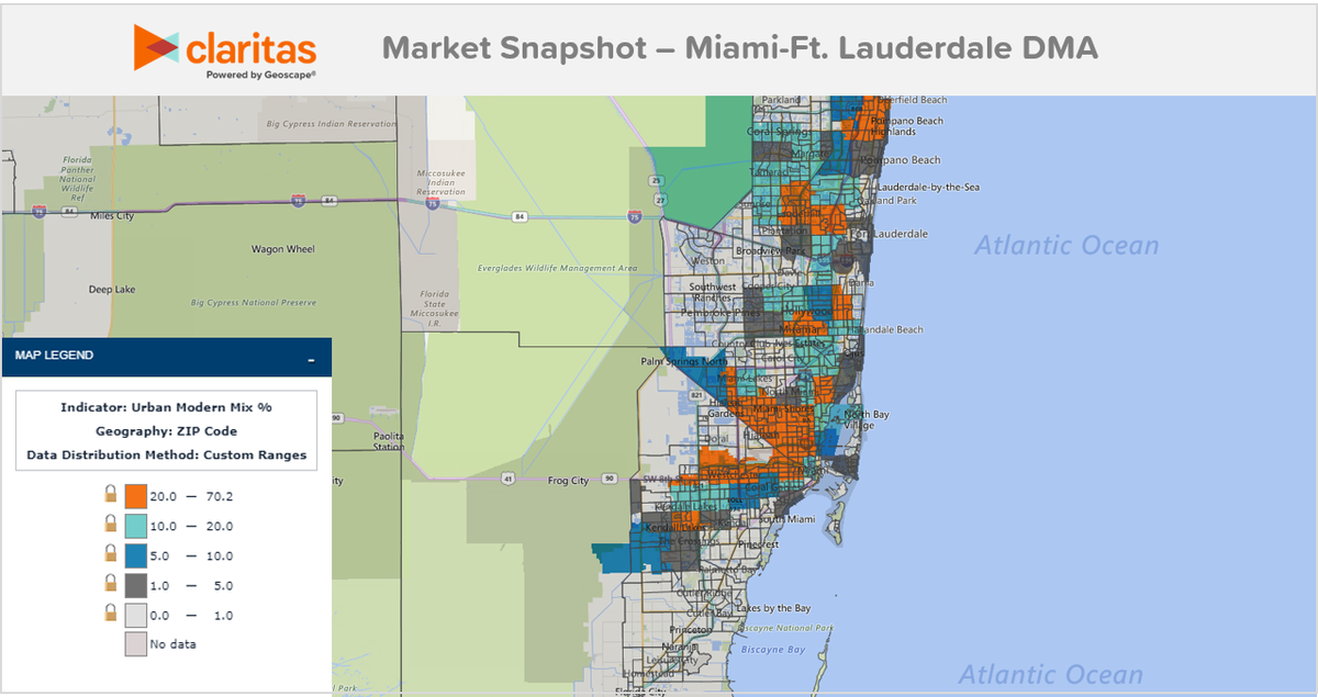 Geoscape's tweet image. In our recent Market Snapshot on the #Miami DMA, we find the market to have a high propensity for the PRIZM® Premier Segment, Urban Modern Mix. To learn more about this segment, download the full report here! geoscape.com/resources/miam… #Demographics #Multicultural #Marketing #Data