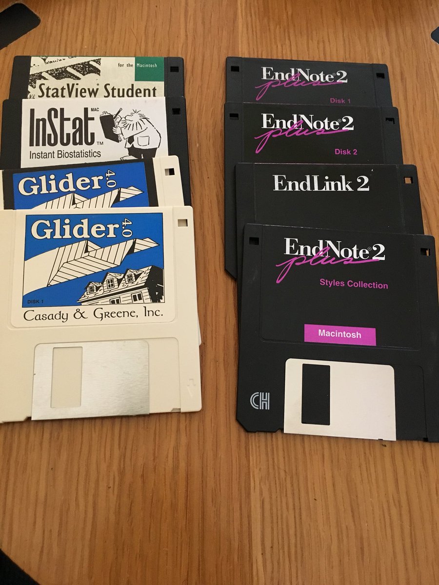 rodefer's tweet photo. Old #gradschool box discovery, circa 1996 (loved Glider & early @GraphPad software!). Amazing to think about the time when software could easily fit on a 1.44 MB floppy (aka the Save document icon) #oldschool #macSE30 #macos https://t.co/aXiOdV3wiy
