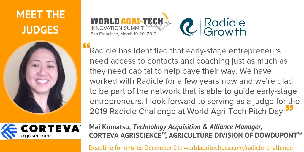 World Agri-Tech (@worldagritech) on Twitter photo Don't miss out on Friday's deadline to apply for the #RadicleChallenge and win a $250,000 investment from <a href="/RadicleGrowth/">Radicle Growth</a> <a href="/WorldAgriTech/">World Agri-Tech</a> Pitch Day! Mai Komatsu <a href="/corteva/">Corteva Agriscience</a> gives a snapshot on why #agtech and #foodtech #startups should enter: bit.ly/2PJbnyf Don't miss out on Friday's deadline to apply for the #RadicleChallenge and win a $250,000 investment from <a href="/RadicleGrowth/">Radicle Growth</a> <a href="/WorldAgriTech/">World Agri-Tech</a> Pitch Day! Mai Komatsu <a href="/corteva/">Corteva Agriscience</a> gives a snapshot on why #agtech and #foodtech #startups should enter: bit.ly/2PJbnyf