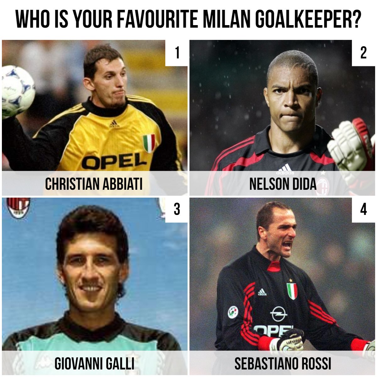 FM_Twittah's tweet photo. 🔴⚫️Who is your favourite Milan goalkeeper❓
#footballmemories #milan #acmilan #weareacmilan #calcio #seriea #serieatim #abbiati #dida #giovannigalli #sebastianorossi #sebarossi #goalkeeper #goalkeepers #BolognaMilan #MilanBologna #BOLMIL #FORZAMILAN #solomilan #milano #portieri https://t.co/cur2lMLtb5