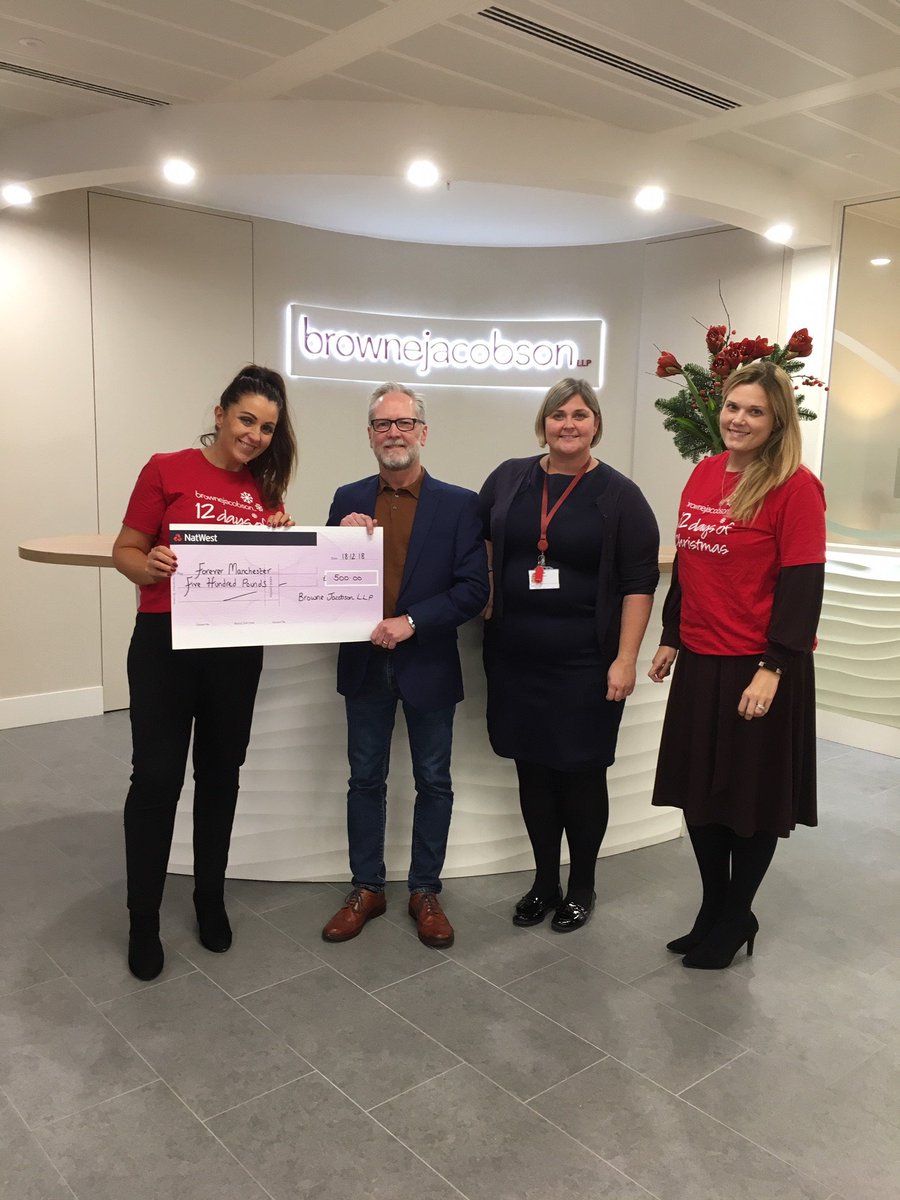 thesteampunkbee's tweet photo. Our final day of Christmas is spent with the @4EVERManchestercharity who raises money to fund &amp; support community activity. We are delighted to present you with this cheque of £500 to help the #Manchester community #TeamBrowneJacobson #12thDayofChristmas https://t.co/m3qfZORRHq