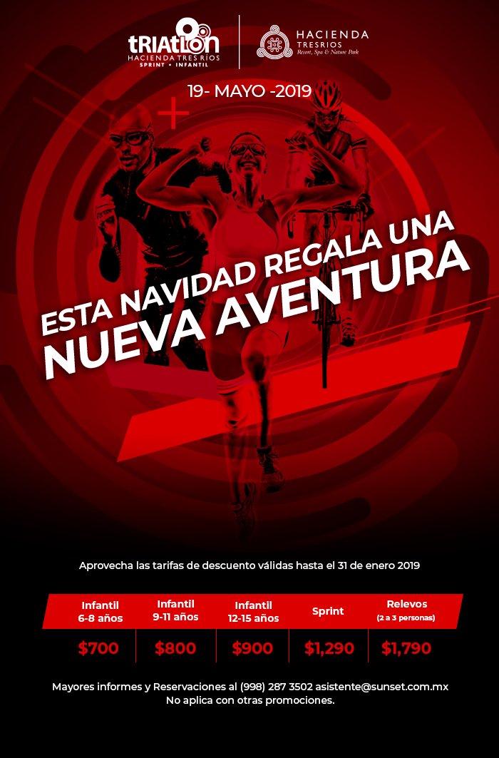 Inscríbete en Triatlón Hacienda Tres Ríos 2019.
*válido hasta el 31 de enero