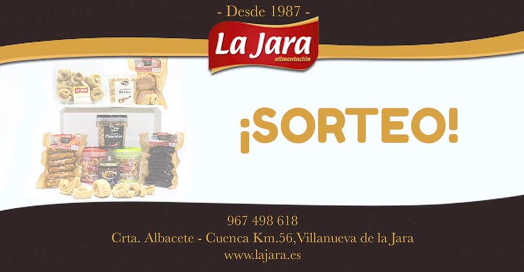 🥓 ¡Vamos! Todavía falta más de una semana para poder finalizar el sorteo que tenemos en juego, mira en la publicación superior y ¡sigue los pasos!

☎ 967 498 618 
🏢 Crta.Albacete - Cuenca km, 56, Villanueva de la Jara 
🖥 lajara.es 

#ProductosManchegos