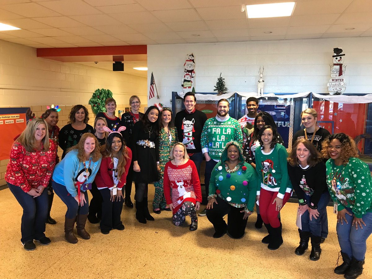 HESLilPioneers's tweet photo. HES having fun!!  Ugly sweater contest!!  Winners announced tomorrow.  :) https://t.co/hqpQcwH55a