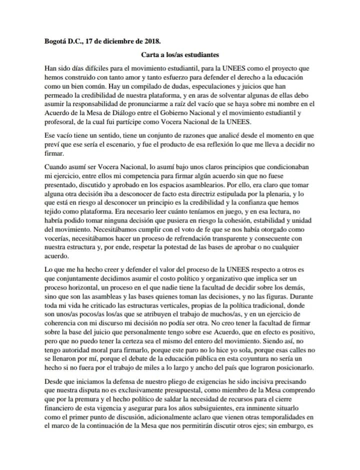 UNEESCol's tweet photo. El comunicado expresa las razones y el sentir para asumir posición frente a la firma o no del acuerdo con el gobierno nacional.
La declaración compromete exclusivamente la posición de Valentina.
Las declaraciones de los demás voceros serán publicadas a brevedad. #VenyTeUNEES https://t.co/FCyb0QVf3A