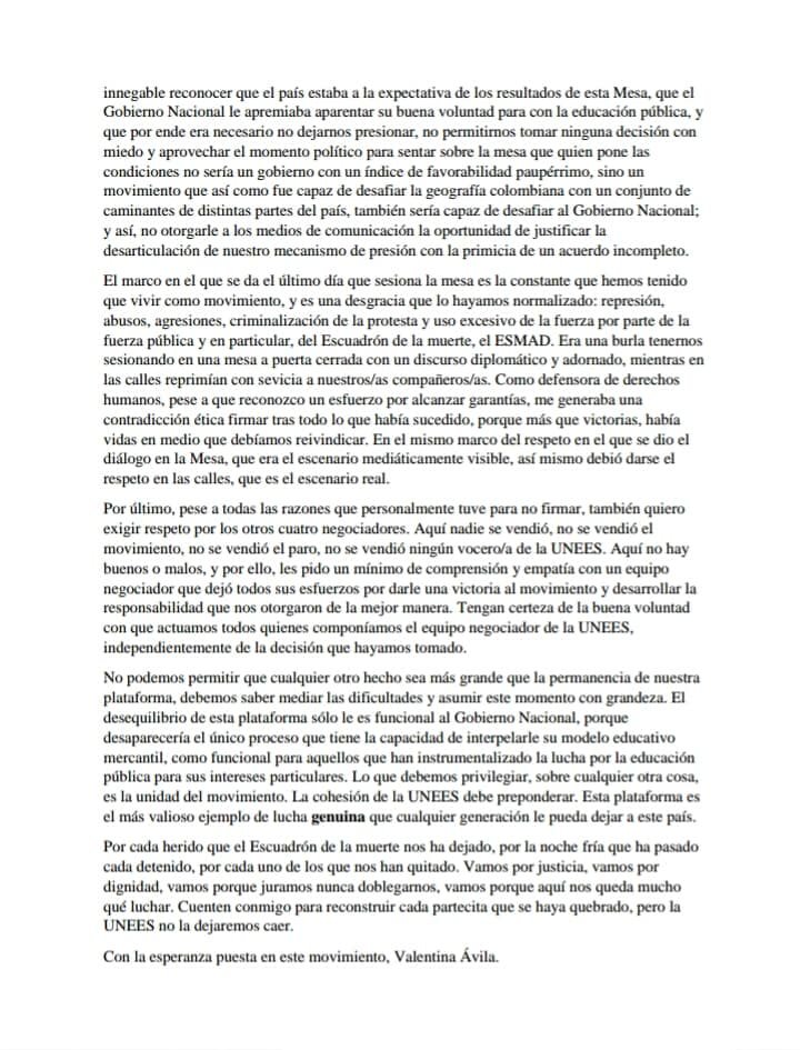 UNEESCol's tweet photo. El comunicado expresa las razones y el sentir para asumir posición frente a la firma o no del acuerdo con el gobierno nacional.
La declaración compromete exclusivamente la posición de Valentina.
Las declaraciones de los demás voceros serán publicadas a brevedad. #VenyTeUNEES https://t.co/FCyb0QVf3A