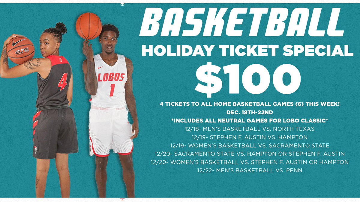 UNMLOBOS's tweet photo. 🚨Ticket Special🚨
6 games in 5 days which calls for a Holiday Special! You have 24 hours to get your tickets. This includes @UNMLoboMBB tonight and Saturday as well as all 4 games of the @UNMLoboWBB Lobo Invitational!  
#GoLobos https://t.co/nXUzykN9NQ