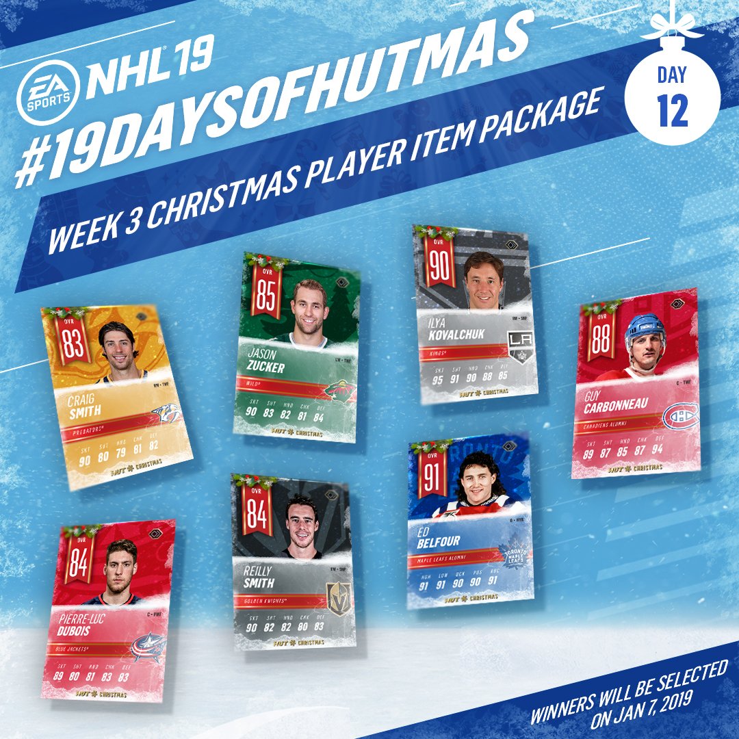 Day 12: On the 12th day of HUTmas #NHL19 gave to me... A week 3 Christmas Player item package! RETWEET for your chance to win!