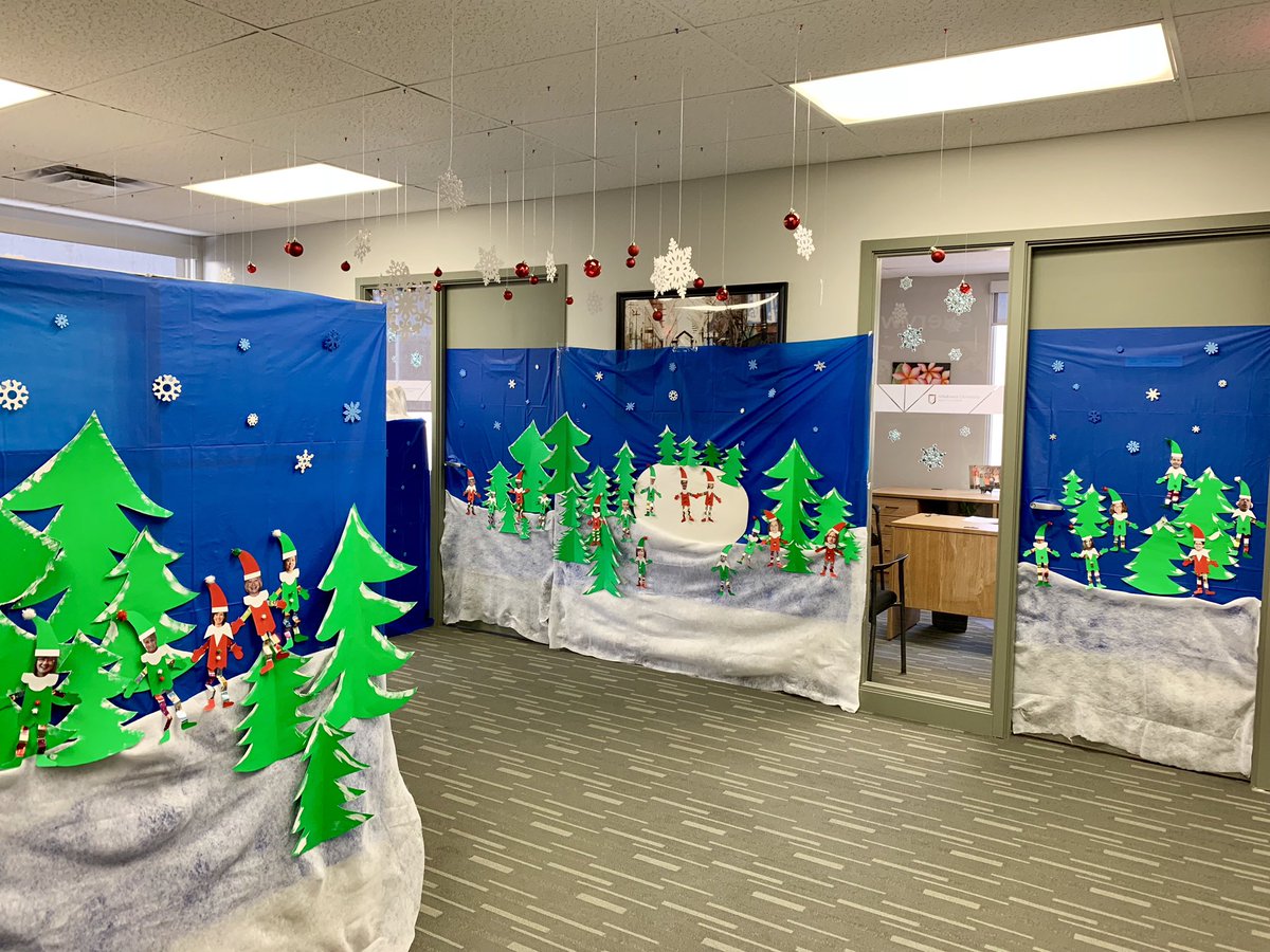 AthabascaUBiz's tweet photo. These elves seem to favour a winter wonderland over Santa’s workshop. Can you blame them? Our finance team knocked it out of the park with this design. ❄️🎄#OfficeDecoratingContest #WhoWillWin #VoteForYourFave https://t.co/dFVTbwWRU6
