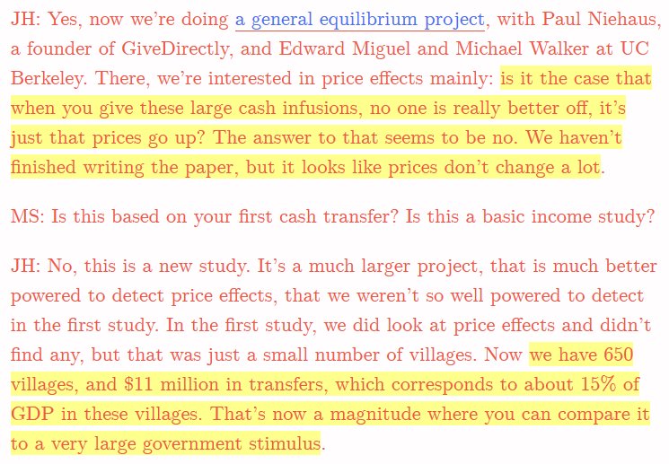 For those concerned about UBI just pointlessly leading to rising prices, a new study of 650 villages in East Africa equivalent to 15% of GDP there being distributed directly as cash, is revealing this concern is unsupported by evidence. https://phenomenalworld.org/guaranteed-income/cash-transfer-knowledge-transfer  #BasicIncome