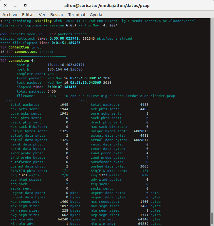 seguridadyredes's tweet photo. #tcptrace, #ccze y las Estadísticas conexión 4. (-o4)
#tcptrace -Wlr -o4 -Z -Dsnl er.pcap | ccze -m ansi
&
#tcptrace -zxy -n -b -u -c "-fport<1024" -xtraffic"-T" er.pcap https://t.co/96cot3V3GA
