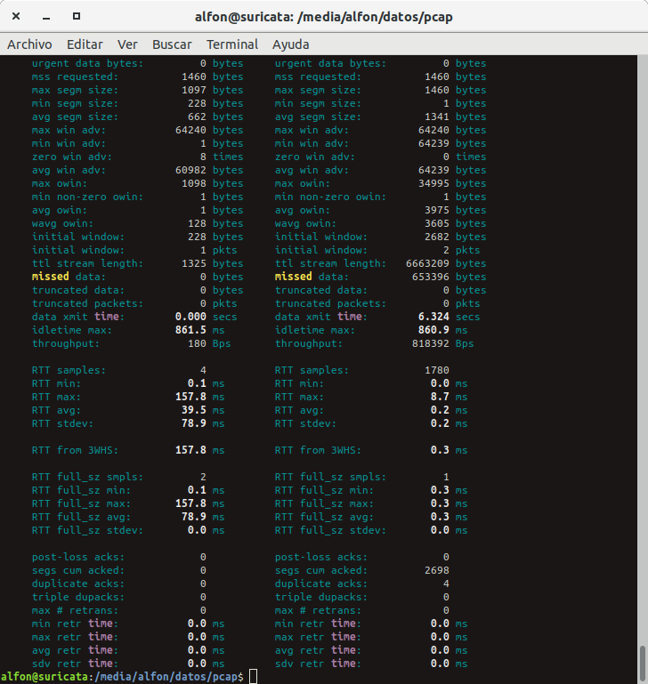 seguridadyredes's tweet photo. #tcptrace, #ccze y las Estadísticas conexión 4. (-o4)
#tcptrace -Wlr -o4 -Z -Dsnl er.pcap | ccze -m ansi
&
#tcptrace -zxy -n -b -u -c "-fport<1024" -xtraffic"-T" er.pcap https://t.co/96cot3V3GA