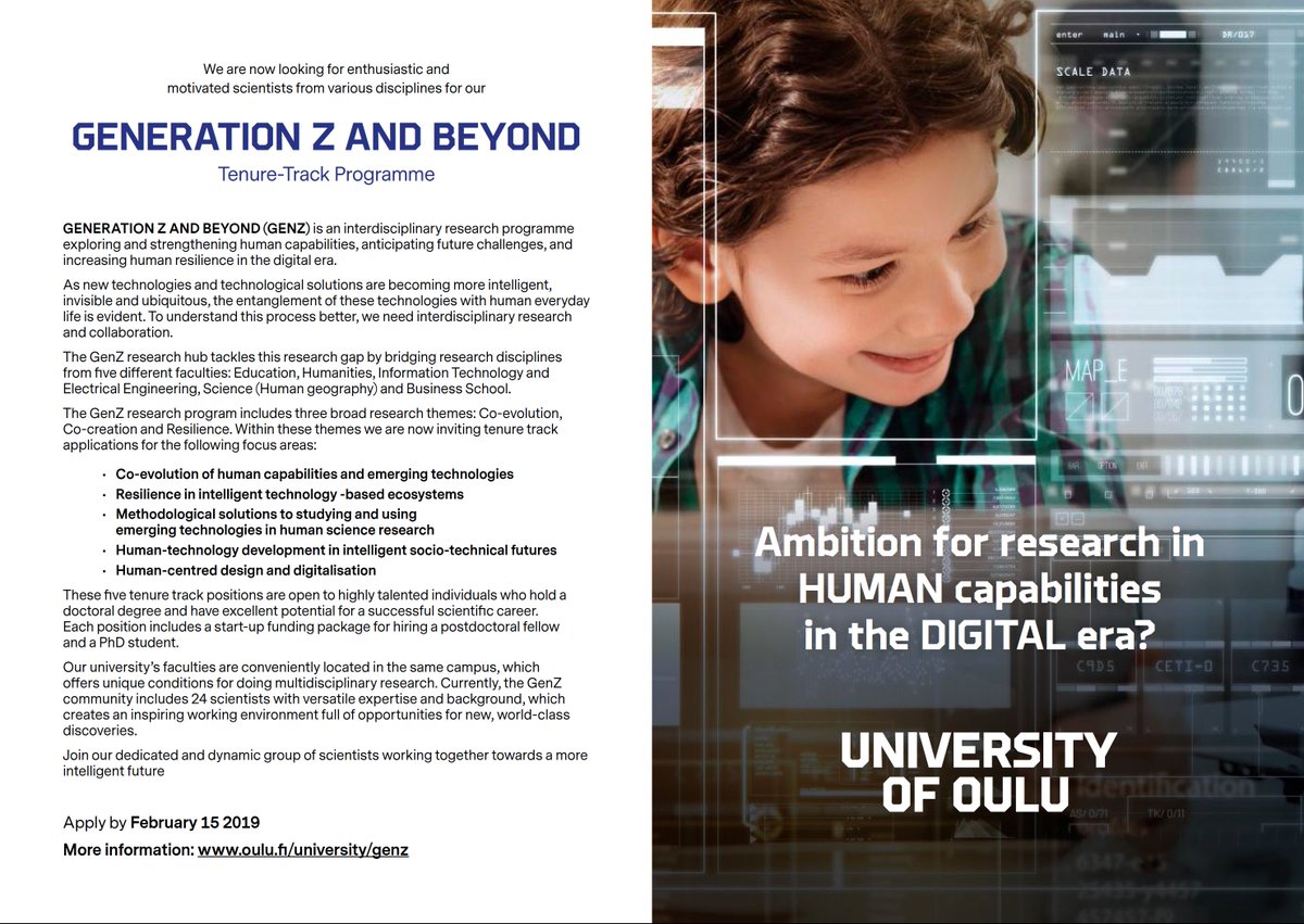 Human sciences at @UniOulu are inviting tenure-track applications in five themes. We are seeking for international specialists to answer how human capabilities can be strengthened in the new digital era. oulu.fi/university/genz @GenZ_Oulu #genz #eudaimonia