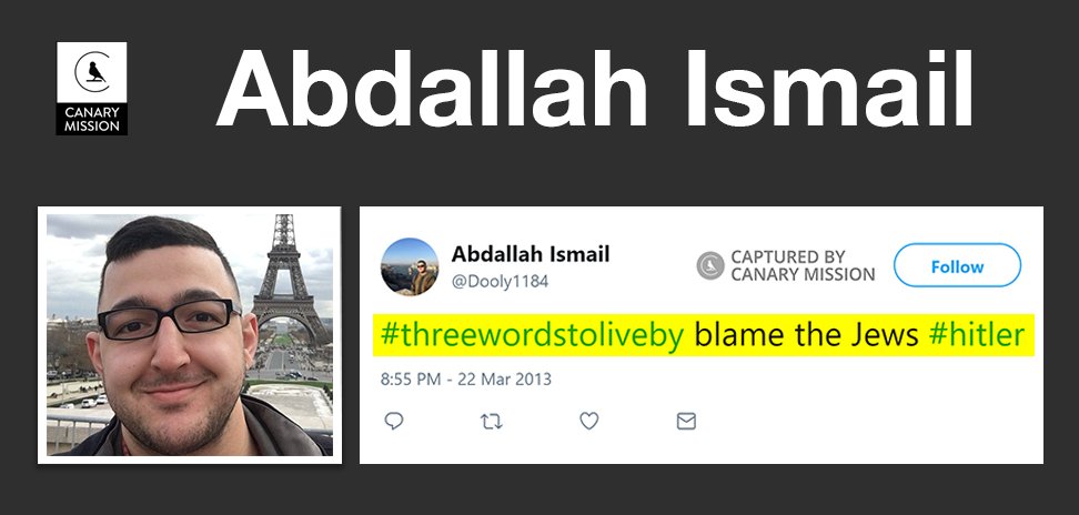 canarymission's tweet photo. Abdallah Ismail @Dooly1184 tweeting rules for life, paraphrasing the biggest Jew-hater of all time: "#threewordstoliveby blame the Jews #hitler"
https://t.co/ua9qTTXZMr https://t.co/4PoKtlTMoG