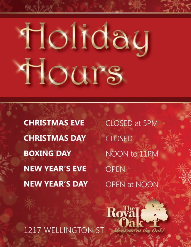 Have plans to #MeetMeAtTheOak over the holidays? Awesome! Please be sure to note our #HolidayHours during #Christmas and #NewYears to make sure we're there to greet you!