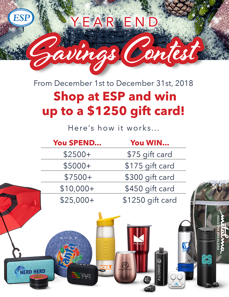 ESP_Promo's tweet photo. There's still time to WIN! Through all of December, if you shop with ESP you could win! With gift card prizes up to $1250 and so many new products, why would you shop anywhere else?

For full details, visit: https://t.co/toiNoWHvWz
Shop ESP Promo: https://t.co/gtzsRXc3R1 https://t.co/ogBo1L3A1w