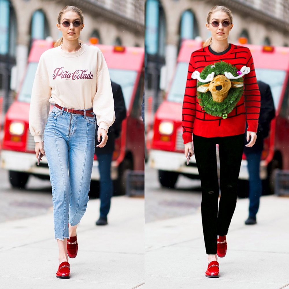 tryforma's tweet image. It's #uglychristmassweater season so we gave supermodel #gigihadid a holiday makeover ⚡️🎄🌟 Try on some of our other faves in the app! #wearanything #ootdbyforma #holidayspirit #fashionaddict #streetstyle #instantmakeover #celebritystyle #modeloffduty #virtualreality