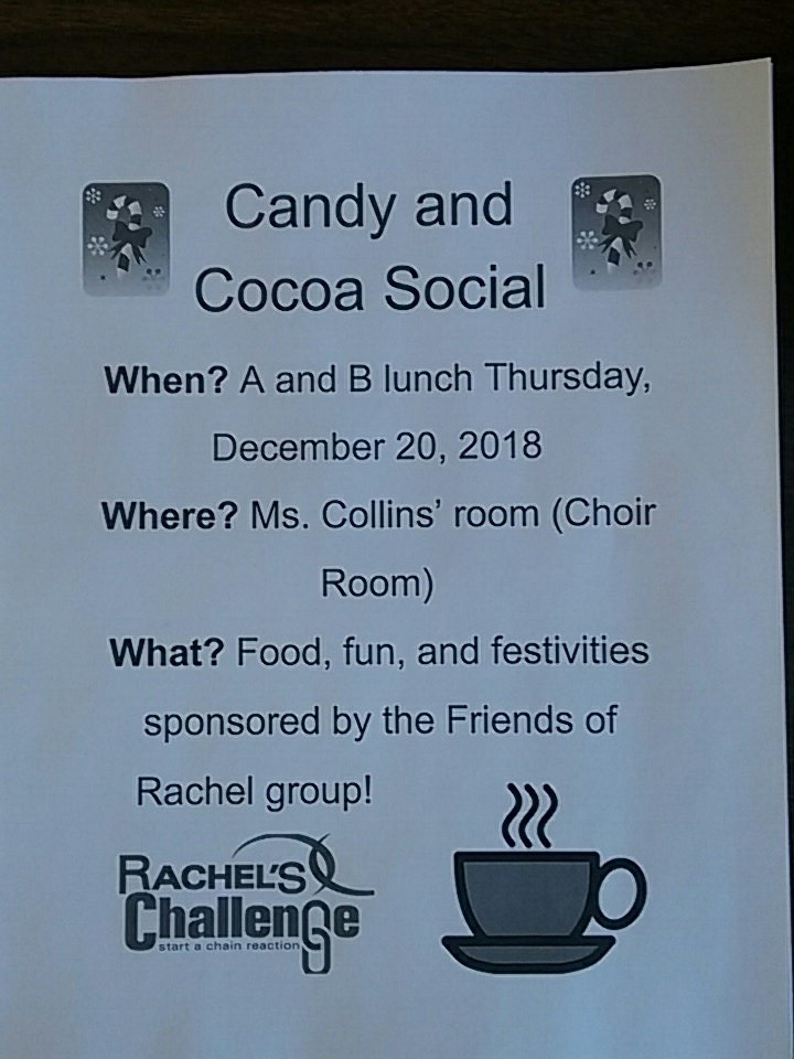 Hey <a href="/CHS_LeadsTheWay/">Clinton High School</a> students, come hang out and get some candy/cocoa! <a href="/CHS_FOR/">CHSRachel’sChallenge</a> please feel free to donate, and make sure you are in attendance!!