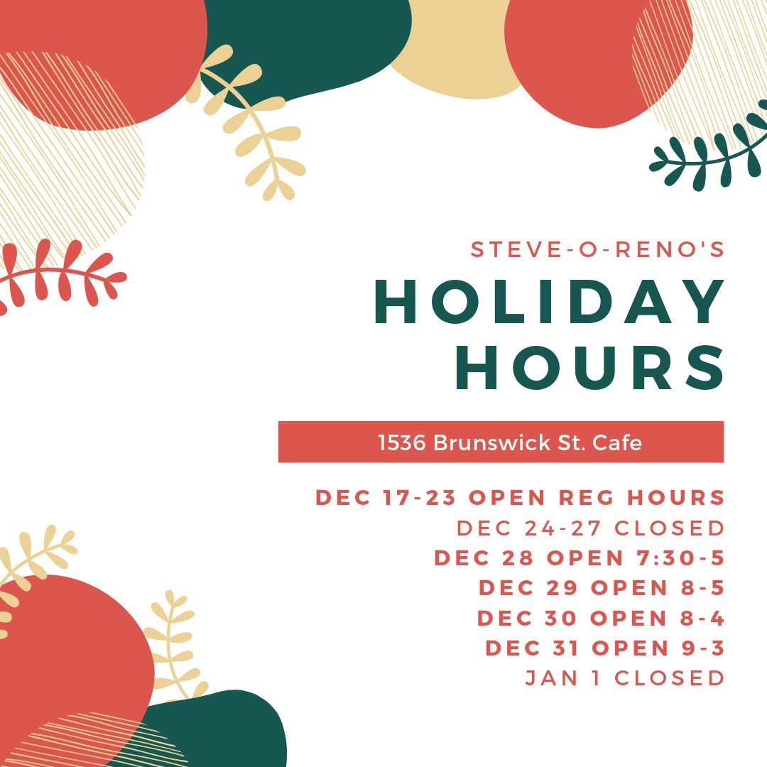 Steve-O's #holidayhours at 1536 Brunswick St Cafe &amp; @HfxSeaportMrkt! We are taking some extra days off this year so remember to stock up on #HolidayBrew this weekend. #halifax