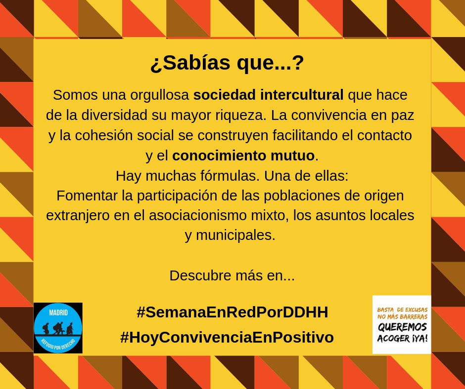 Somos una sociedad multicultural. Hagamos de la diversidad una riqueza y no un elemento de desigualdad. La cohesión social se construye desde el contacto y reconocimiento mutuo de poblaciones diversas. #SemanaEnRedPorDDHH #HoyConvivenciaEnPositivo ¿Qué puedes hacer tú?